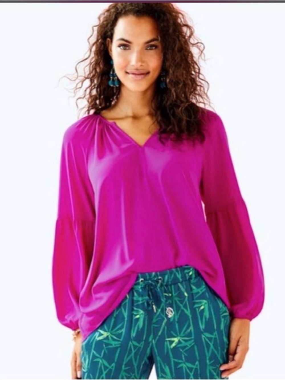 Lilly Pulitzer Charleigh Blackberry V Neck Flowy Puff Sleeve Shirt Size Medium